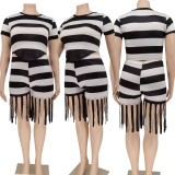 SC Plus Size Striped Tassel Two Piece Shorts Sets WPF-80658