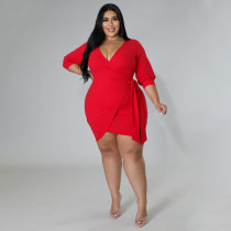 SC Plus Size Solid V Neck Half Sleeve Mini Dress NNWF-7527