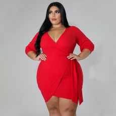 SC Plus Size Solid V Neck Half Sleeve Mini Dress NNWF-7527