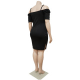 SC Plus Size Solid Off Shoulder Short Sleeve Bodycon Dress NNWF-7530