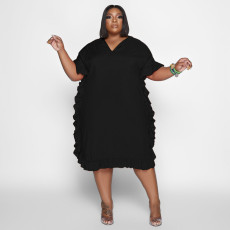 SC Plus Size Solid Ruffled Short Sleeve Loose Dress NNWF-7506