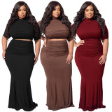 SC Plus Size Solid Ruched Maxi Skirt Two Piece Sets NNWF-7473