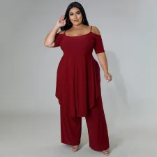 SC Plus Size Solid Irregular Top And Pants 2 Piece Sets NNWF-7525