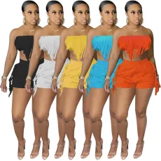 SC Solid Color Sexy Tassel Wrap Chest Shorts Two Piece Sets OY-6359