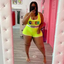 SC Plus Size QUEEN Letter Print Sleeveless Top Shorts 2 Piece Sets WAF-718168