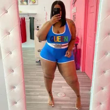 SC Plus Size QUEEN Letter Print Sleeveless Top Shorts 2 Piece Sets WAF-718168
