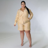 SC Plus Size Striped Long Sleeve Shirt And Shorts Sets BMF-099