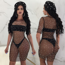 SC Sexy Mesh Short Sleeve Beaded Mini Dress BN-B9083