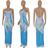 SC Sexy Printed Backless Sling Maxi Dress FENF-238