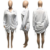 SC Solid Long Sleeve Drawstring Shirt Dress HEJ-Y933