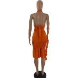 SC Solid Halter Top Split Skirt Two Piece Sets CQF-90109