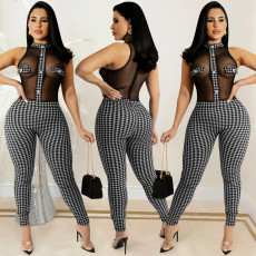 SC Houndstooth Print Mesh Bodysuit+Pants 2 Piece Sets BY-5713
