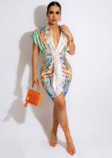 SC Sexy Printed Satin Smooth Sashes Mini Dress LSD-82088