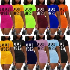 SC Letter Print Short Sleeve O Neck Mini Dress LSD-88222