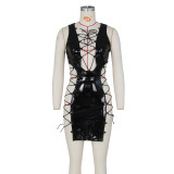 SC PU Leather Lace-Up Hollow Out Club Dress ZSD-0480
