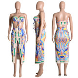 SC Sexy Printed Wrap Chest Drawstring Two Piece Skirt Sets ME-8123