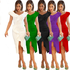 SC Solid Ruffled V Neck Slim Midi Dress LS-0375