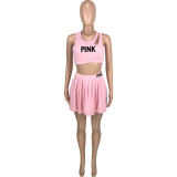 SC Plus Size Pink Letter Print Tank Mini Skirt 2 Piece Sets MEI-9265