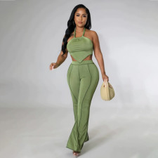 SC Plus Size Solid Halter Top And Pants 2 Piece Sets YUHF-80538