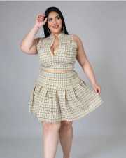 SC Plus Size Plaid Sleeveless Pleated Mini Skirt 2 Piece Sets MIF-9088