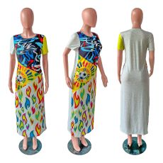 SC Multicolor Print Short Sleeve Maxi Dress XMF-126