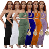 SC Solid One Shoulder Ruched Maxi Skirt Two Piece Sets YF-9880