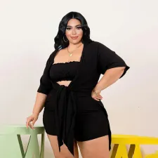 SC Plus Size Solid Tube Top+Colak Coat+Shorts 3 Piece Sets PHF-13286