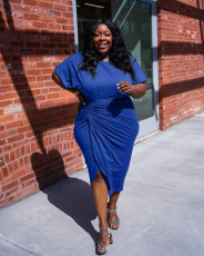 SC Plus Size Solid Ruched Short Sleeve Midi Dress YS-S816