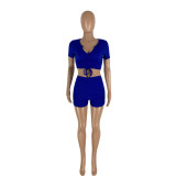 SC Solid Drawstring Crop Top And Shorts 2 Piece Sets NYMF-276