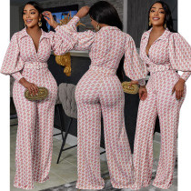 SC Houndstooth Print V Neck Long Sleeve Belted 2 Piece Pants Sets BY-5792
