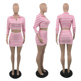SC Casual Striped Long Sleeve Mini Skirt 2 Piece Sets QSF-51067