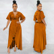 SC Solid V Neck Short Sleeve Irregular Maxi Dress BY-5805