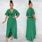 SC Solid V Neck Short Sleeve Irregular Maxi Dress BY-5805