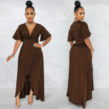 SC Solid V Neck Short Sleeve Irregular Maxi Dress BY-5805