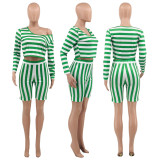 SC Plus Size Striped Long Sleeve Two Piece Shorts Sets OY-6361