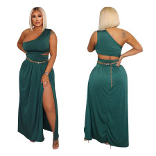 SC Solid Color Sexy One Shoulder Sleeveless Slit Skirts Suit (Without Belt) YF-K10165