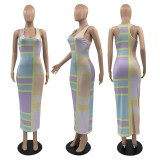SC Colorful Print Sleeveless Slim Long Dress KSN-08016