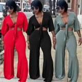 SC Solid Half Sleeve Two Piece Pants Sets WAF-77458