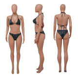 SC Sexy Print Beach Bikini See-through Hollow Skirts Three Piece YF-K10121