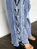SC Plus Size Denim Ripped Hole Lace-Up Jeans Pants LX-5522
