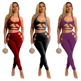 SC Solid Color Hollow Halter Top And Pants Two Piece Sets YF-K10134