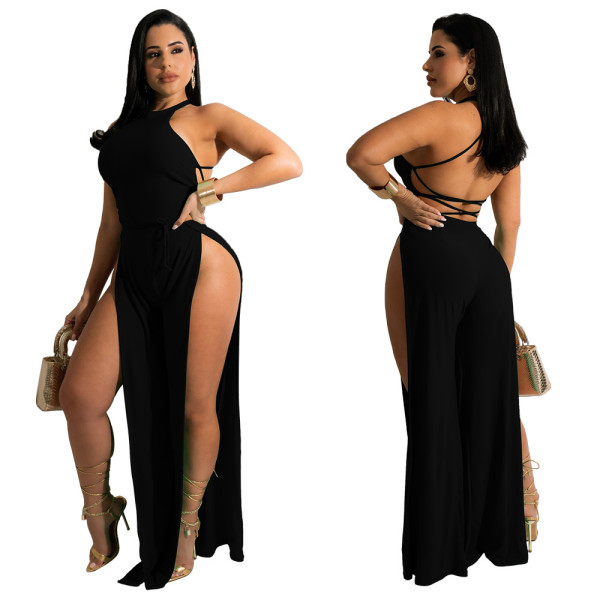 SC Sleeveless Lace Up Sexy Backless Slit Jumpsuit YF-K10093