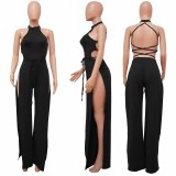SC Sleeveless Lace Up Sexy Backless Slit Jumpsuit YF-K10093