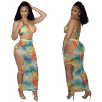 SC Sexy Print Beach Bikini See-through Hollow Skirts Three Piece YF-K10121