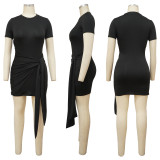 SC Round Neck Solid Color Short Sleeve Mini Dress YF-K10073