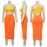 SC Contrast One Shoulder Top And Midi Skirt 2 Piece Sets YF-K10129