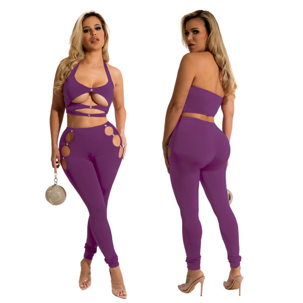 SC Solid Color Hollow Halter Top And Pants Two Piece Sets YF-K10134