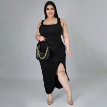 SC Plus Size Solid Sleeveless Ruched Split Slim Maxi Dress NNWF-7553