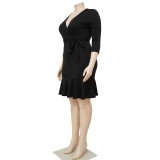 SC Plus Size Solid V Neck 3/4 Sleeve Ruffled Bodycon Dress NNWF-7555