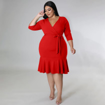 SC Plus Size Solid V Neck 3/4 Sleeve Ruffled Bodycon Dress NNWF-7555